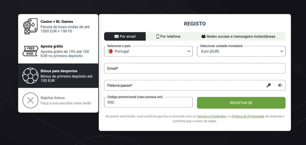 Registo BetLabel com promocode RSC