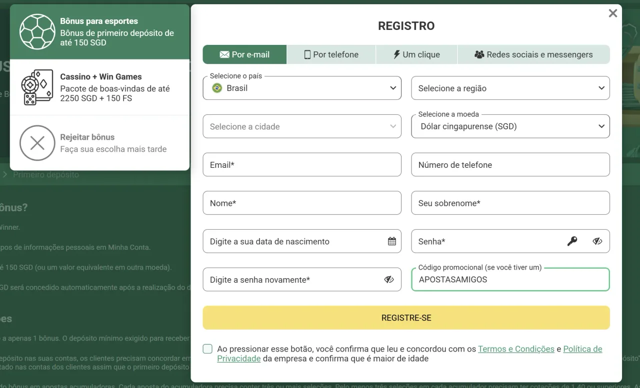 Cadastro Betwinner com promocode APOSTASAMIGOS