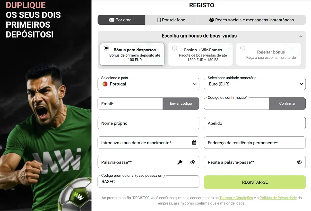 Registo WinWin Bet com promocode RASEC