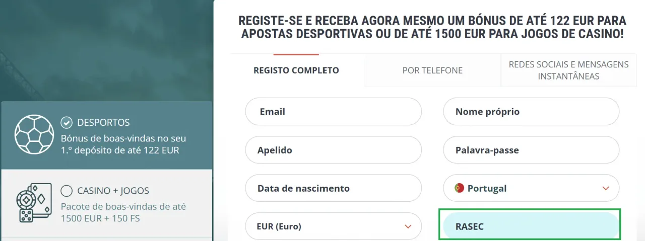 Registo na 22Bet com código promocional RASEC
