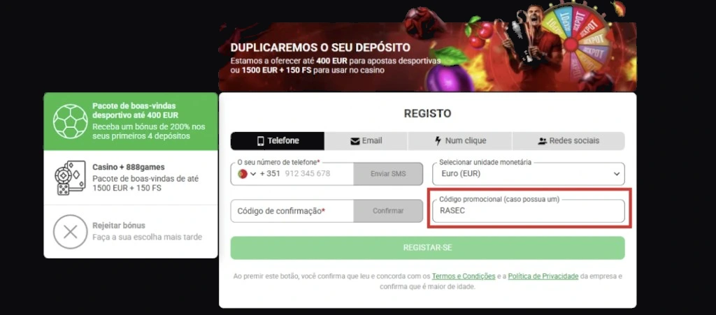 Registo 888starz com promocode RASEC