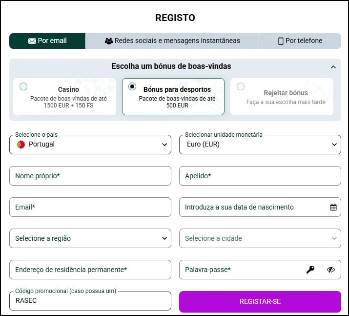Registo SpinBetter com promocode RASEC